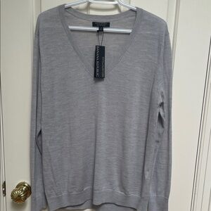 NWT BR sz L Light Gray V-Neck Boyfriend Sweater merino wool WASHABLE